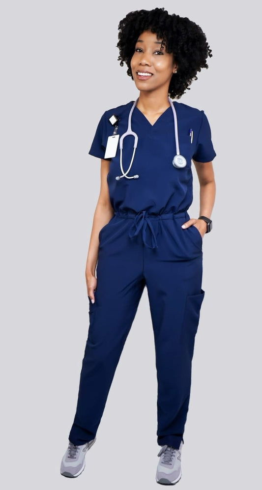 Navy blue jumpsuit scrub soft stretch fabric