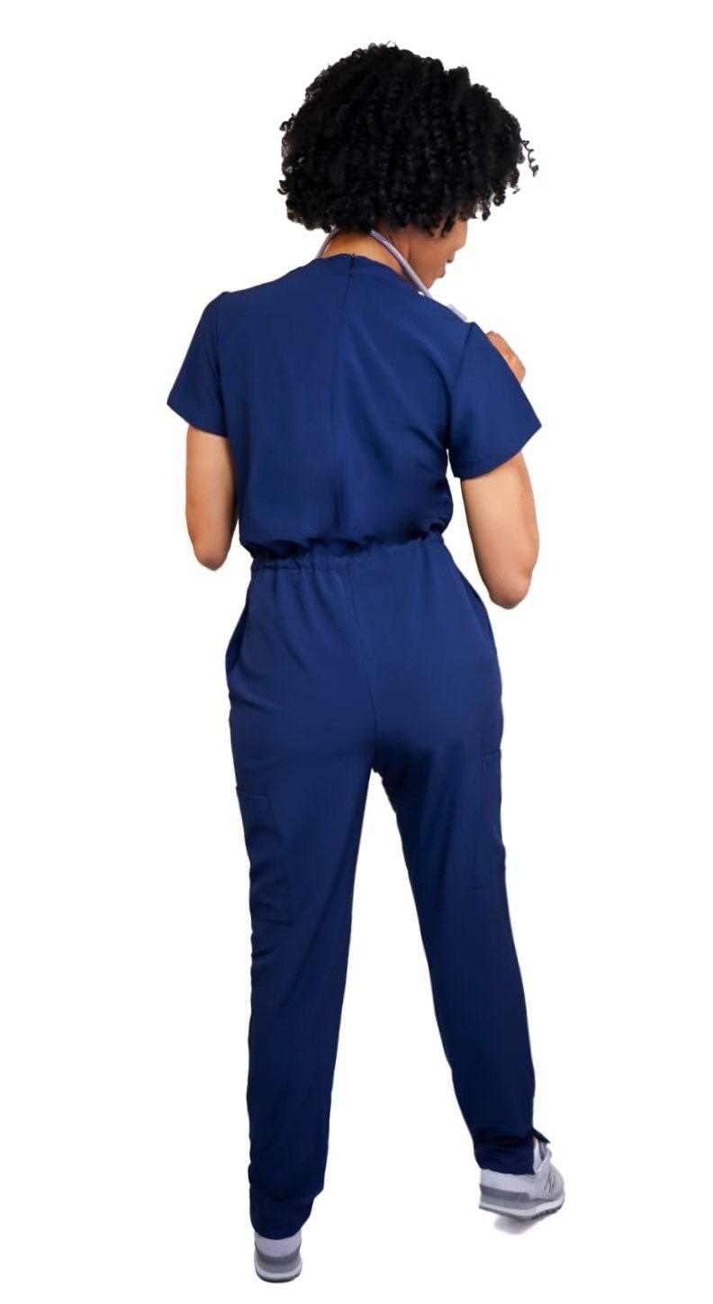 Navy blue jumpsuit scrub soft stretch fabric