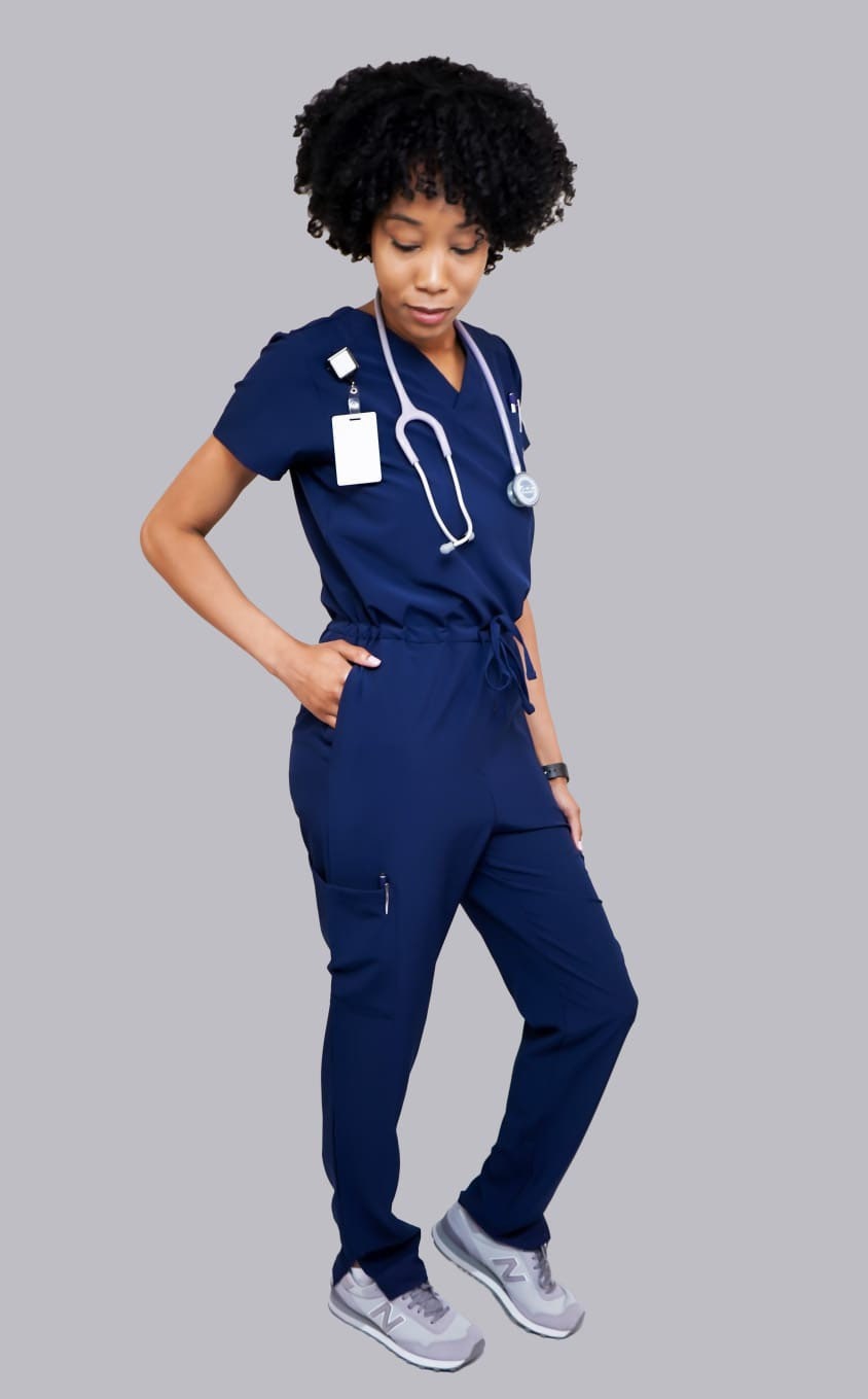 Navy blue jumpsuit scrub soft stretch fabric