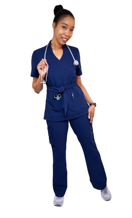 Navy blue mandarin neck scrub suit soft stretch fabric