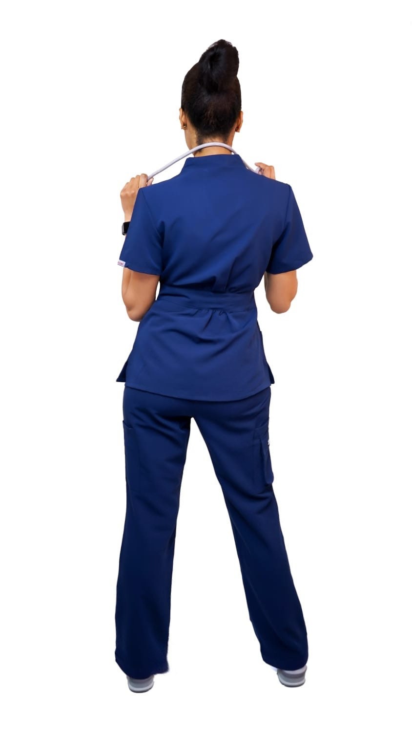 Navy blue mandarin neck scrub suit soft stretch fabric